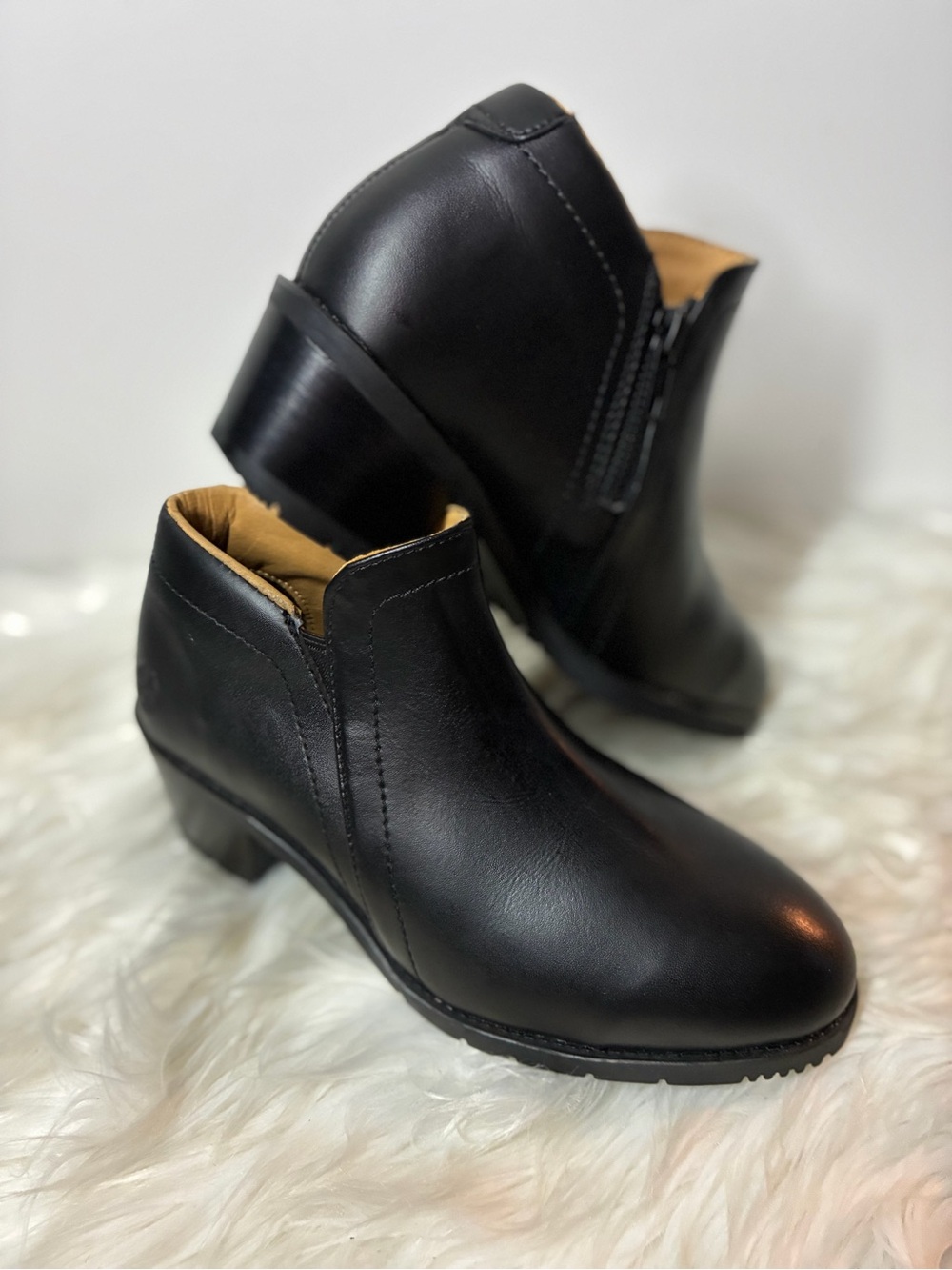 Women's Black Low Heel Ankle Booties - Smooth Leather-Look Slip-On